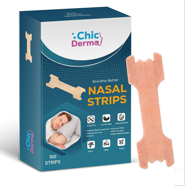 Chic Derma Nasal Strips for Snoring 100 Pieces, Nose Strips to Stop Snoring and Airflow Support, Nasal Congestion Anti Snoring Strips for Men Women, Nose Tape for Sports and Sleep