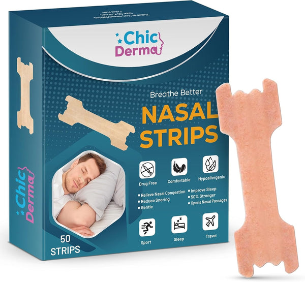 Chic Derma Nasal Strips for Snoring 50 Pieces, Nose Strips to Stop Snoring and Airflow Support, Nasal Congestion Anti Snoring Strips for Men Women, Nose Tape for Sports and Sleep