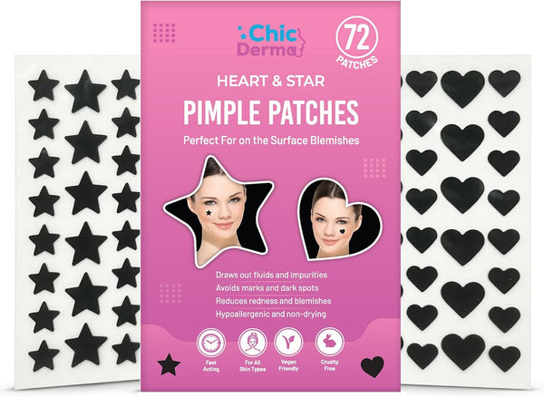 Chic Derma Pimple Patches – 72 Count Star and Heart Hydrocolloid Stickers – Gentle Patches for Face and Skin Care – Cute Star and Heart Shapes Spot Cover for Day and Night Use