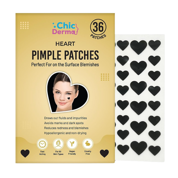 Chic Derma Pimple Patches – 36 Count Heart Shaped Hydrocolloid Stickers – Gentle Patches for Face and Skin Care – Heart Shapes Spot Cover for Day and Night Use