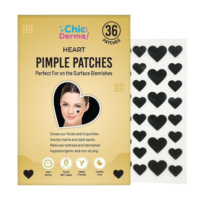 Chic Derma Pimple Patches – 36 Count Heart Shaped Hydrocolloid Stickers – Gentle Patches for Face and Skin Care – Heart Shapes Spot Cover for Day and Night Use