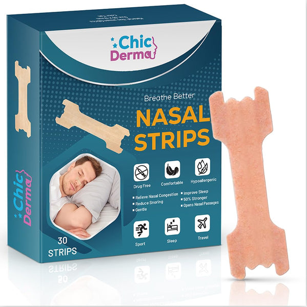 Chic Derma Nasal Strips for Snoring 30 Pieces, Nose Strips to Stop Snoring and Airflow Support, Nasal Congestion Anti Snoring Strips for Men Women, Nose Tape for Sports and Sleep